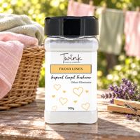 Fresh Linen (300g) inspired carpet freshener — 300g odour-eliminating shaker jar shown in a themed setting