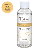 Fresh Linen 100ml reed diffuser refill bottle by Twink Candle Company on a white background, supplied with six free reeds