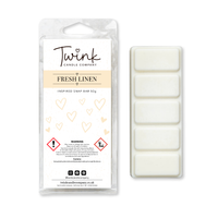Fresh Linen inspired soy wax melt snap bar with its five break-apart wax melts on a white background, by Twink Candle Company