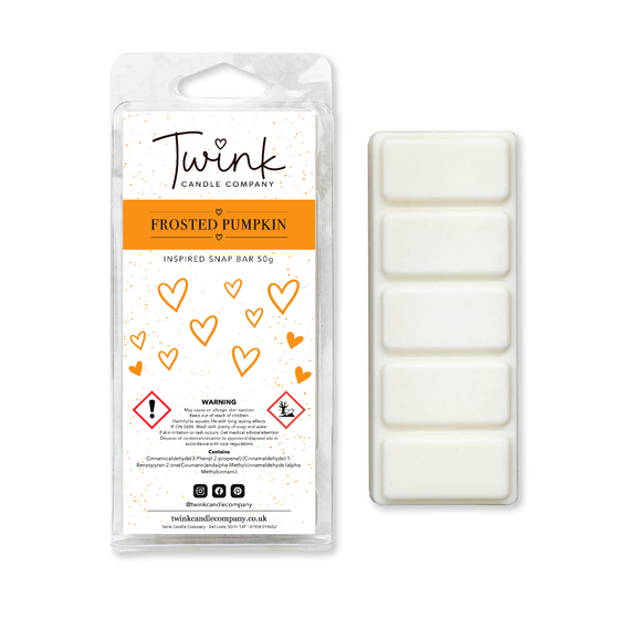 Frosted Pumpkin soy wax melt snap bar with its five break-apart wax melts on a white background, by Twink Candle Company