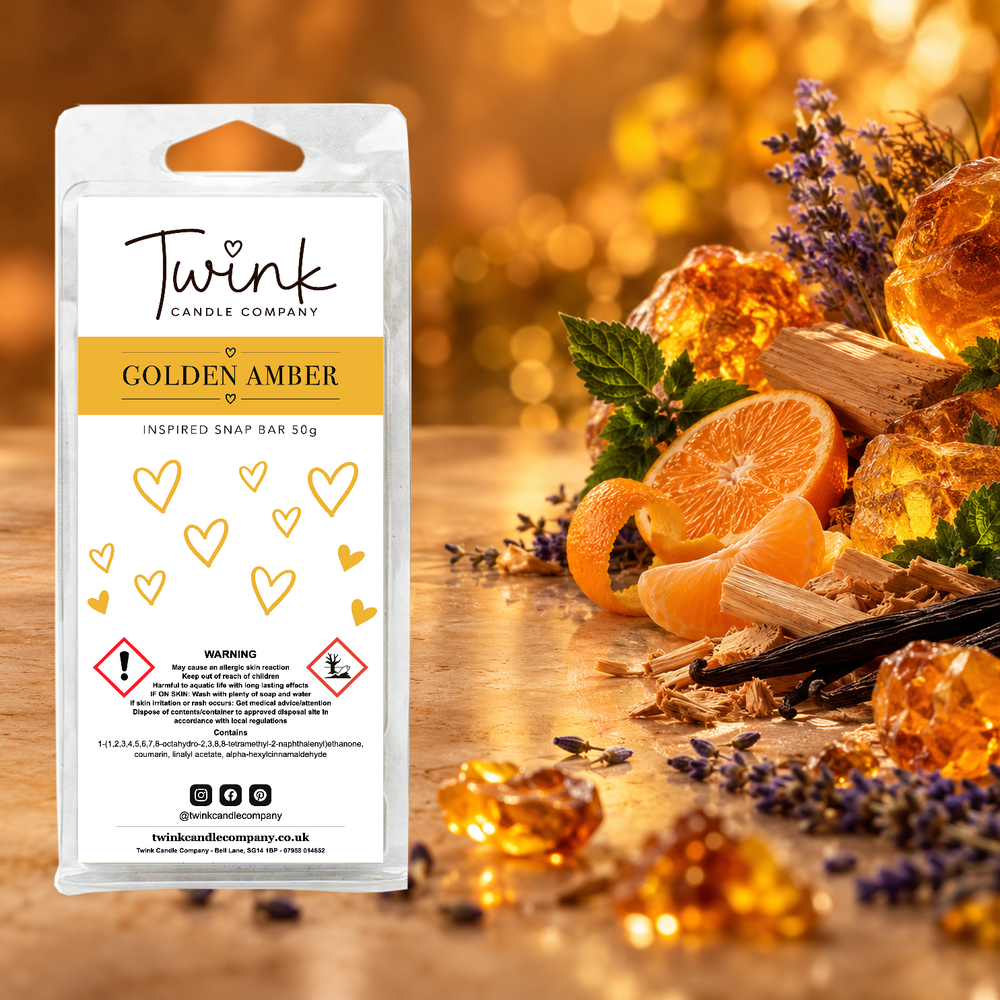 Golden Amber inspired soy wax melt snap bar by Twink Candle Company, with glowing amber resin, mandarin, sandalwood and lavender