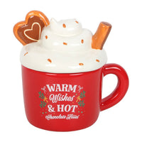 Hot chocolate mug wax/oil burner by Twink Candle Company — a red mug burner with whipped cream lid and Warm Wishes and Hot Chocolate Kisses text