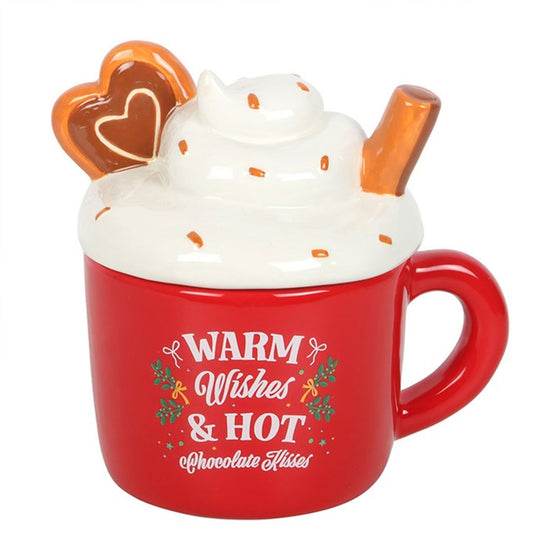 Hot chocolate mug wax/oil burner by Twink Candle Company — a red mug burner with whipped cream lid and Warm Wishes and Hot Chocolate Kisses text