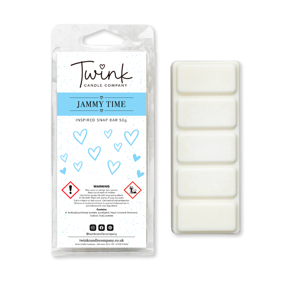 Jammy Time inspired soy wax melt snap bar with its five break-apart wax melts on a white background, by Twink Candle Company