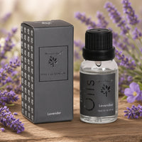 Woodbridge Lavender essential oil 15ml — amber fragrance oil bottle for burners and diffusers, in a calm, relaxing setting