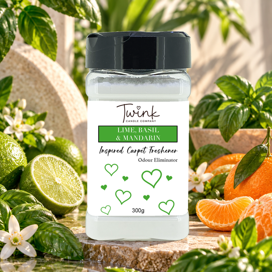 Lime, Basil & Mandarin inspired carpet freshener by Twink Candle Company, a 300g odour-eliminating shaker jar shown in a themed setting