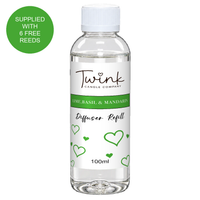 Lime, Basil & Mandarin 100ml reed diffuser refill bottle by Twink Candle Company on a white background, supplied with six free reeds