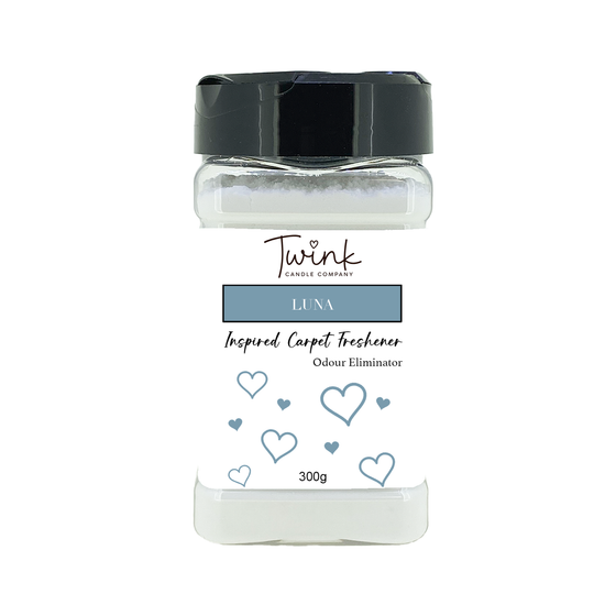 Luna inspired carpet freshener by Twink Candle Company, a 300g odour-eliminating shaker jar on a white background