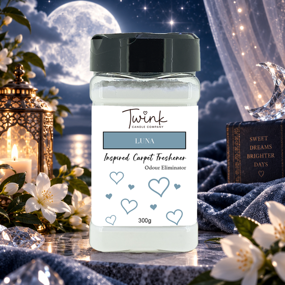 Luna inspired carpet freshener by Twink Candle Company, a 300g odour-eliminating shaker jar shown in a themed setting