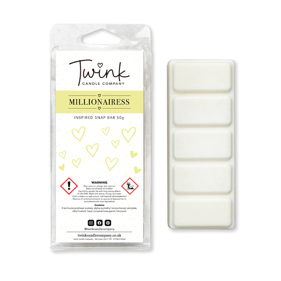 Millionairess inspired soy wax melt snap bar with its five break-apart wax melts on a white background, by Twink Candle Company