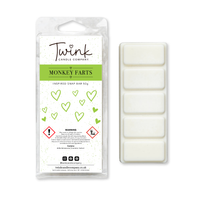 Monkey Farts soy wax melt snap bar with its five break-apart wax melts on a white background, by Twink Candle Company