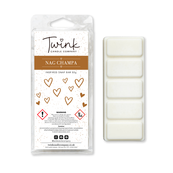 Nag Champa soy wax melt snap bar with its five break-apart wax melts on a white background, by Twink Candle Company