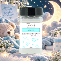 Nenuco inspired carpet freshener by Twink Candle Company, a 300g odour-eliminating shaker jar shown in a themed setting