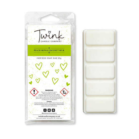 Peach Skin & Coconut Milk inspired soy wax melt snap bar with its five break-apart wax melts on a white background, by Twink Candle Company