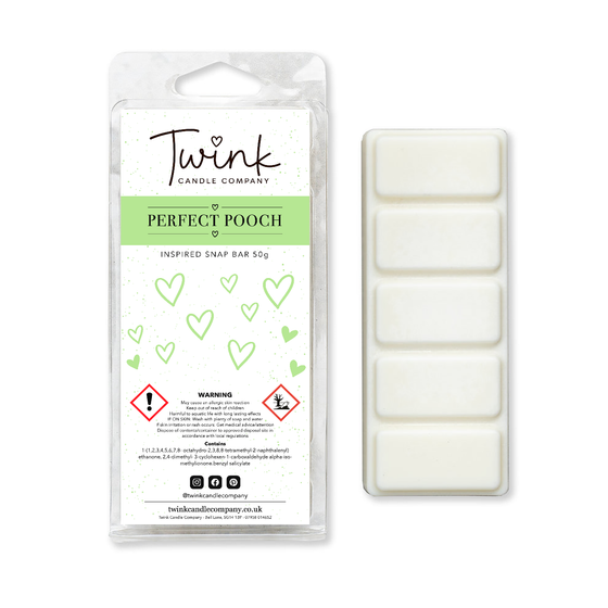 Perfect Pooch inspired soy wax melt snap bar with its five break-apart wax melts on a white background, by Twink Candle Company