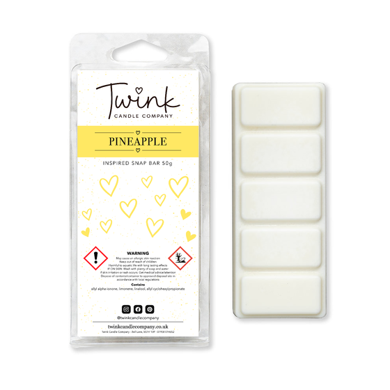 Pineapple inspired soy wax melt snap bar with its five break-apart wax melts on a white background, by Twink Candle Company