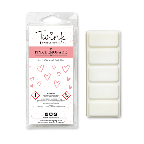 Pink Lemonade soy wax melt snap bar with its five break-apart wax melts on a white background, by Twink Candle Company