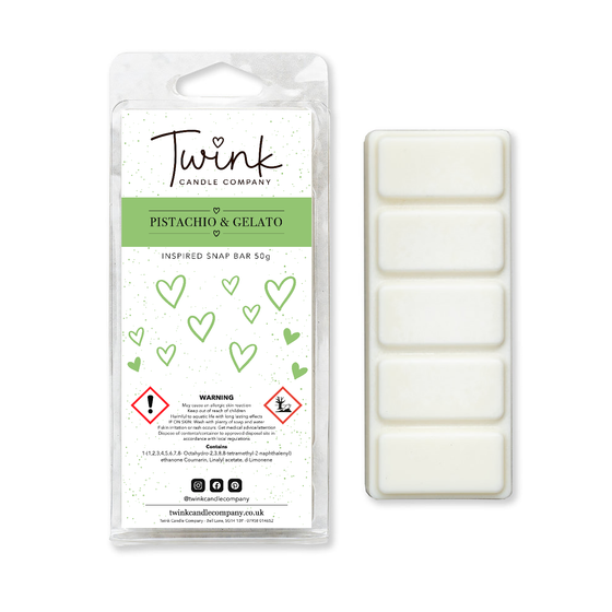 Pistachio & Gelato inspired soy wax melt snap bar with its five break-apart wax melts on a white background, by Twink Candle Company