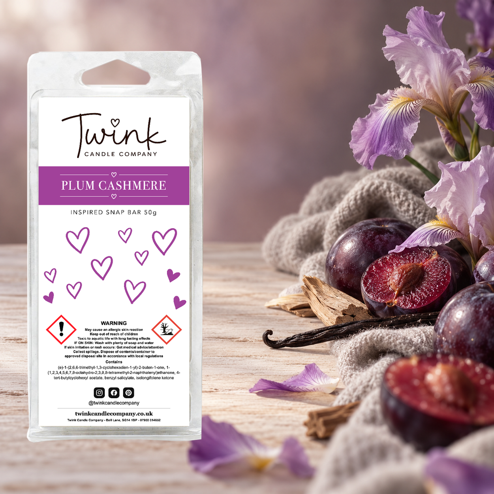 Plum Cashmere inspired soy wax melt snap bar by Twink Candle Company, with dark plums, iris flowers and soft grey cashmere