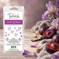 Plum Cashmere inspired soy wax melt snap bar by Twink Candle Company, with dark plums, iris flowers and soft grey cashmere