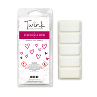 Red Rose & Oud inspired soy wax melt snap bar with its five break-apart wax melts on a white background, by Twink Candle Company