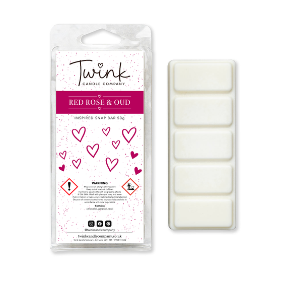 Red Rose & Oud inspired soy wax melt snap bar with its five break-apart wax melts on a white background, by Twink Candle Company