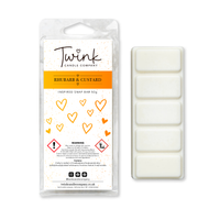 Rhubarb & Custard soy wax melt snap bar with its five break-apart wax melts on a white background, by Twink Candle Company