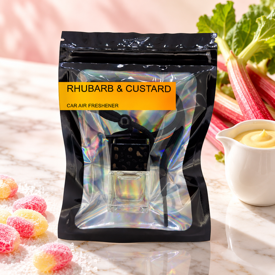 Rhubarb and Custard car air freshener by Twink Candle Company, hanging vent diffuser styled in a home setting