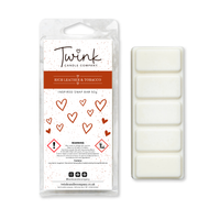 Rich Leather & Tobacco inspired soy wax melt snap bar with its five break-apart wax melts on a white background, by Twink Candle Company