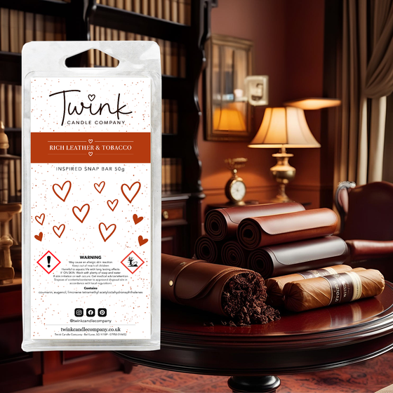 Rich Leather & Tobacco inspired soy wax melt snap bar by Twink Candle Company