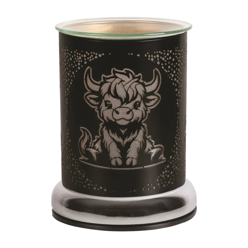Highland cow black touch melter by Twink Candle Company, a black burner with a gold highland cow design