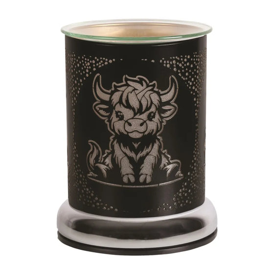 Highland cow black touch melter by Twink Candle Company, a black burner with a gold highland cow design
