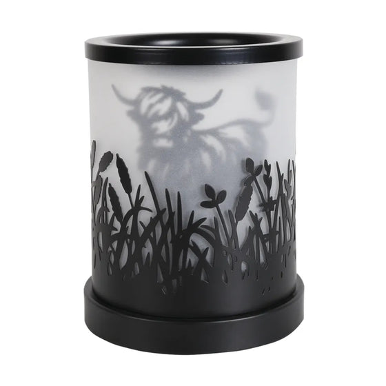 Highland cow black shadow wax and oil burner by Twink Candle Company, with a highland cow and grass silhouette