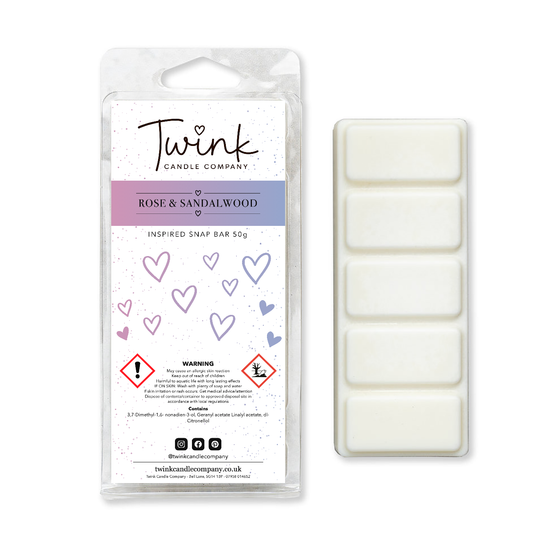 Rose & Sandalwood inspired soy wax melt snap bar with its five break-apart wax melts on a white background, by Twink Candle Company