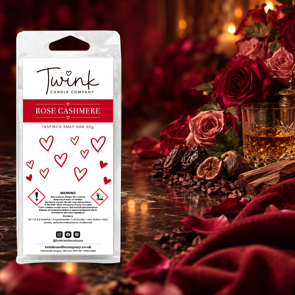 Rose Cashmere inspired soy wax melt snap bar by Twink Candle Company, with deep red roses, whiskey, dried fruit and sandalwood