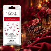 Rose Cashmere inspired soy wax melt snap bar by Twink Candle Company, with deep red roses, whiskey, dried fruit and sandalwood