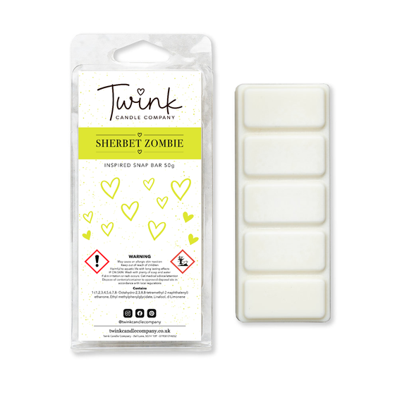 Sherbet Zombie soy wax melt snap bar with its five break-apart wax melts on a white background, by Twink Candle Company