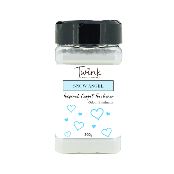 Snow Angel inspired carpet freshener by Twink Candle Company, a 300g odour-eliminating shaker jar on a white background