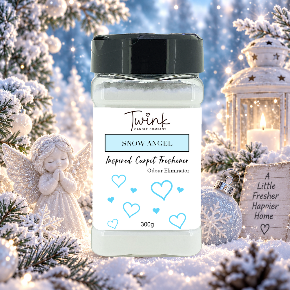 Snow Angel inspired carpet freshener by Twink Candle Company, a 300g odour-eliminating shaker jar shown in a themed setting