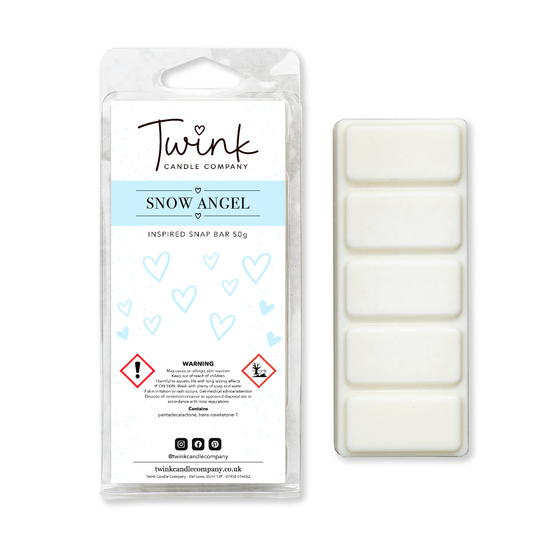 Snow Angel soy wax melt snap bar with its five break-apart wax melts on a white background, by Twink Candle Company