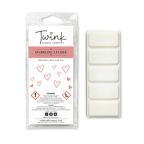 Sparkling Lychee inspired soy wax melt snap bar with its five break-apart wax melts on a white background, by Twink Candle Company