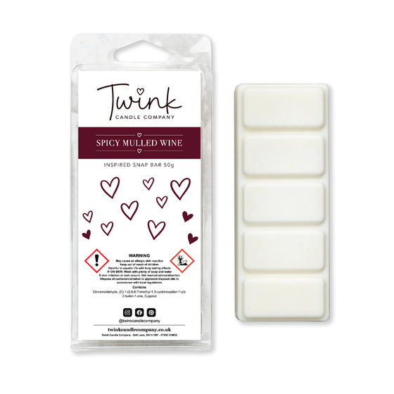 Spicy Mulled Wine inspired soy wax melt snap bar with its five break-apart wax melts on a white background, by Twink Candle Company