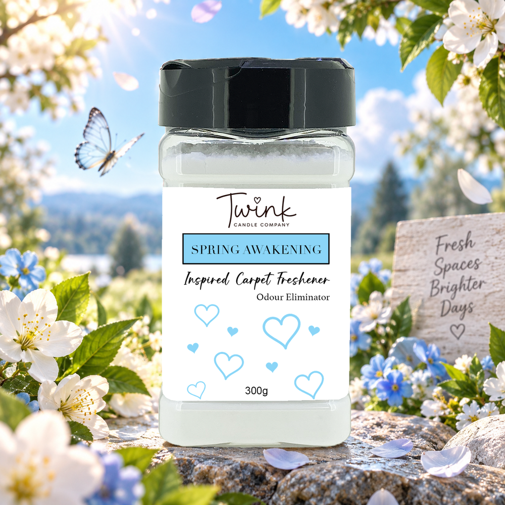 Spring Awakening inspired carpet freshener by Twink Candle Company, a 300g odour-eliminating shaker jar shown in a themed setting