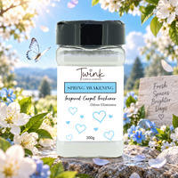 Spring Awakening inspired carpet freshener by Twink Candle Company, a 300g odour-eliminating shaker jar shown in a themed setting