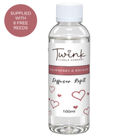 Strawberry & Rhubarb 100ml reed diffuser refill bottle by Twink Candle Company on a white background, supplied with six free reeds