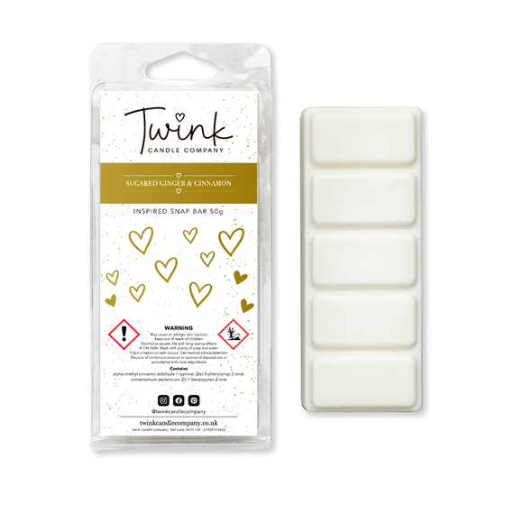 Sugared Ginger & Cinnamon soy wax melt snap bar with its five break-apart wax melts on a white background, by Twink Candle Company