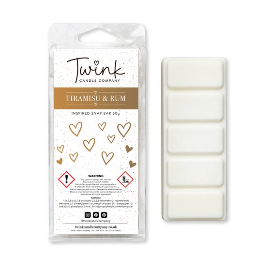 Tiramisu & Rum soy wax melt snap bar with its five break-apart wax melts on a white background, by Twink Candle Company