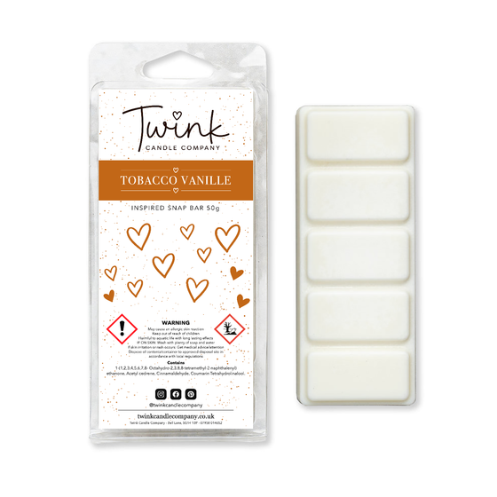 Tobacco Vanille soy wax melt snap bar with its five break-apart wax melts on a white background, by Twink Candle Company