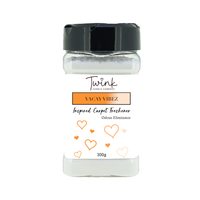 Vacay Vibez inspired carpet freshener by Twink Candle Company, a 300g odour-eliminating shaker jar on a white background