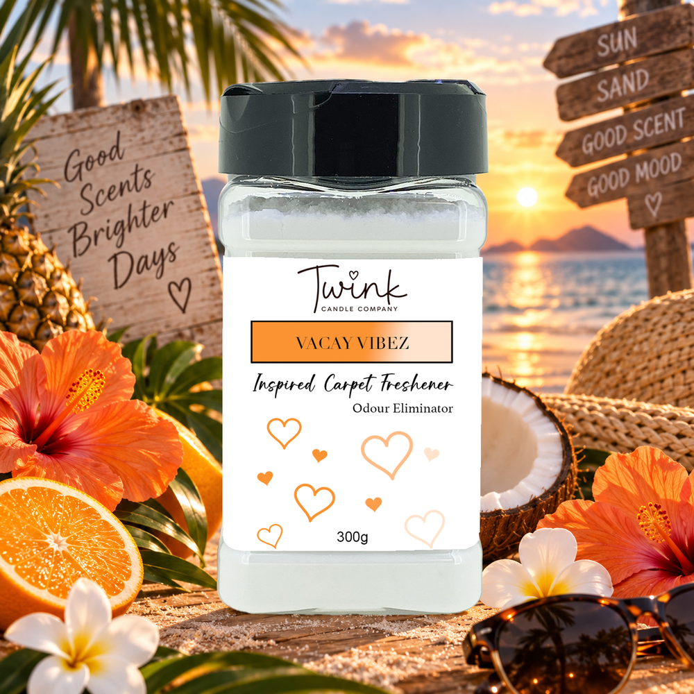 Vacay Vibez inspired carpet freshener by Twink Candle Company, a 300g odour-eliminating shaker jar shown in a themed setting